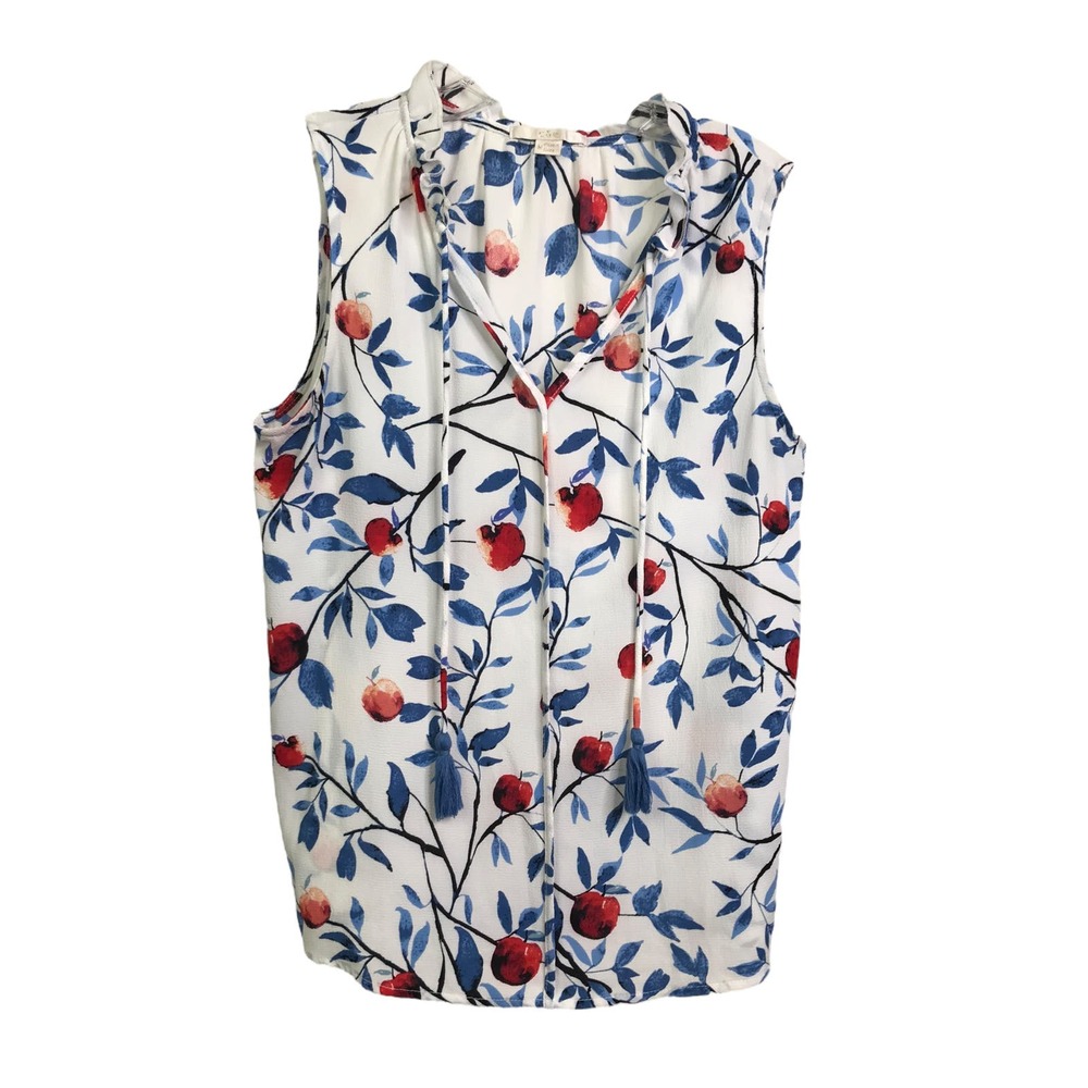 C & E Women's Blouse Sleeveless Top Blue Floral Ruffled Collar V-Neck‎ Stretch M